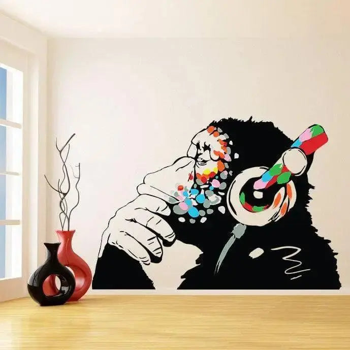 Banksy Thinking Monkey Wall Sticker - Art Vinyl Street Dj Baksy Decal - Headphones Chimp Music Thinker Graffiti Mural