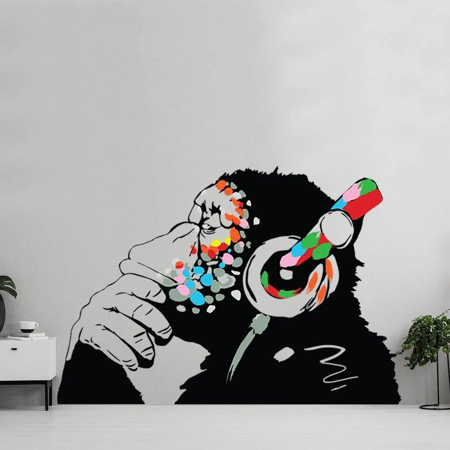 Banksy Thinking Monkey Wall Sticker - Art Vinyl Street Dj Baksy Decal - Headphones Chimp Music Thinker Graffiti Mural