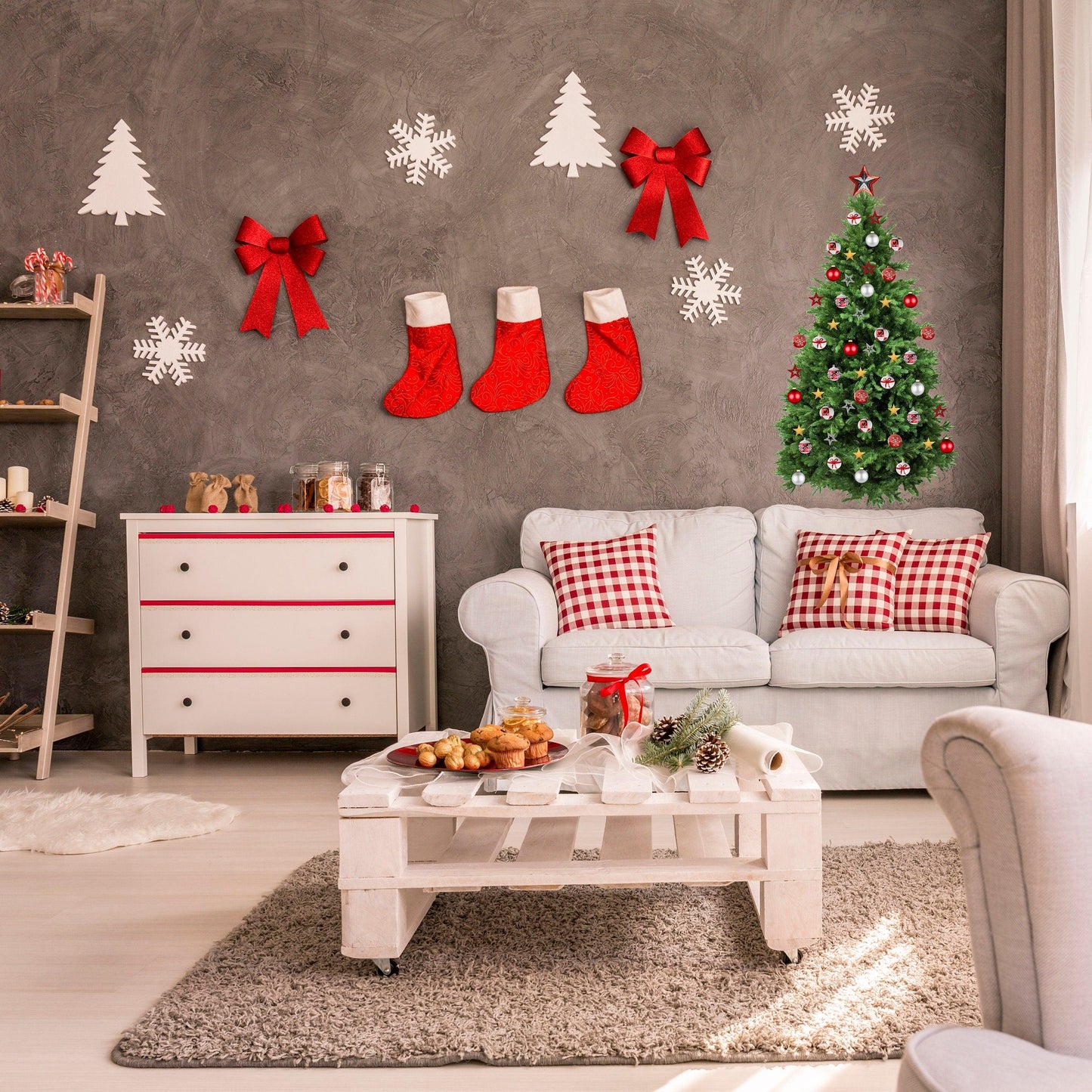 Christmas Tree Wall Vinyl Decal - Large Pine Ornaments Sticker Decoration For Living Kids Room