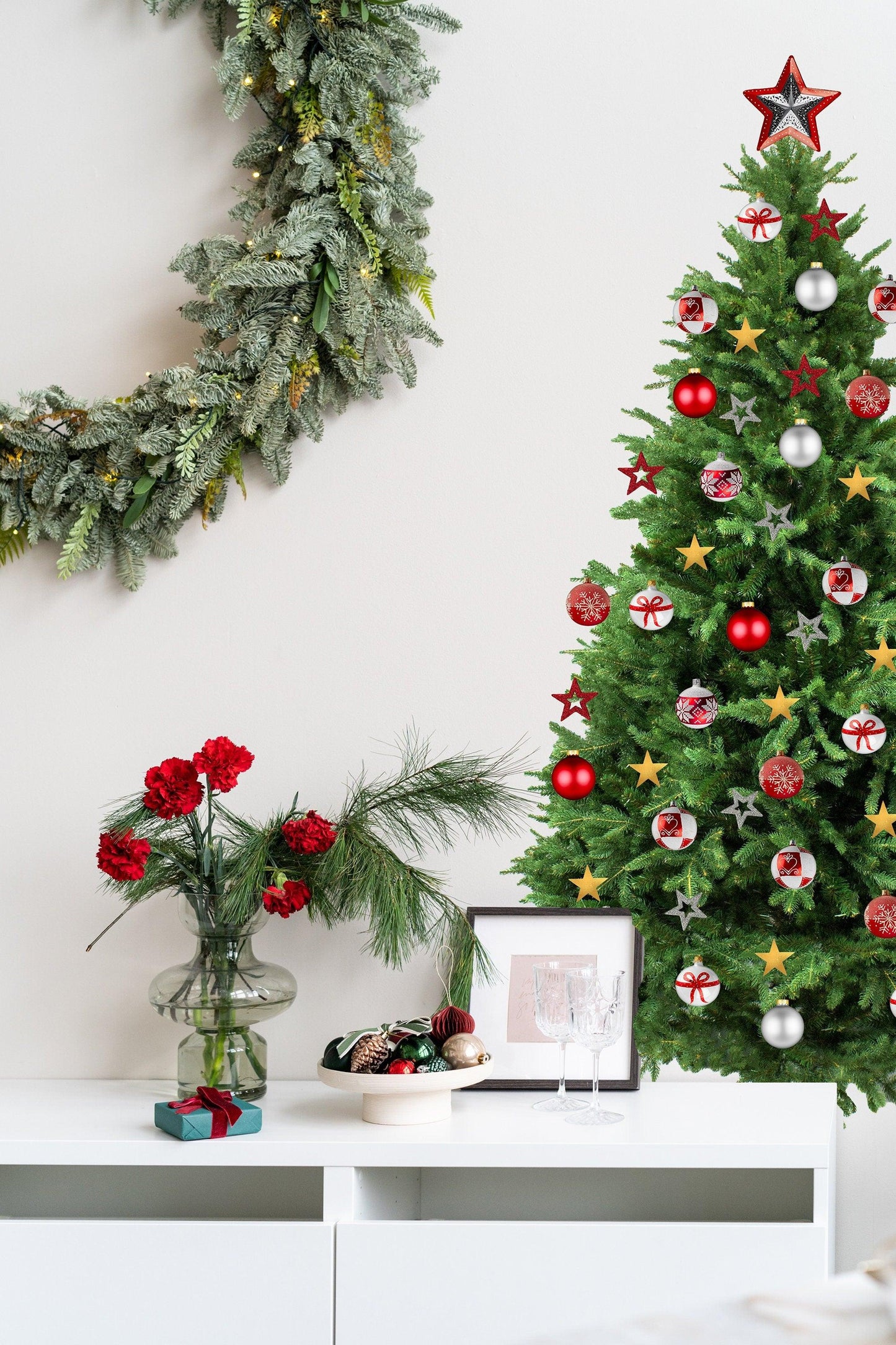 Christmas Tree Wall Vinyl Decal - Large Pine Ornaments Sticker Decoration For Living Kids Room
