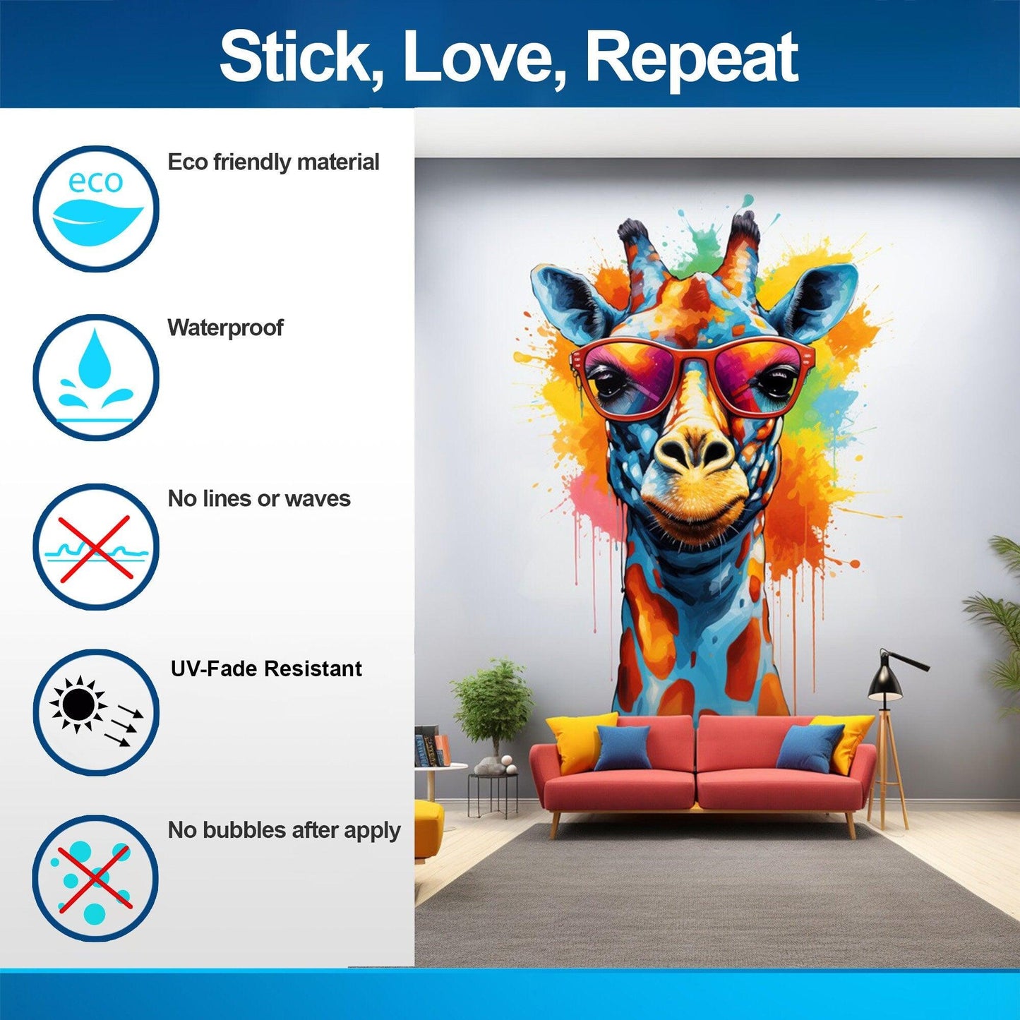 Whimsical Giraffe in Glasses Wall Decal - Colorful Watercolor Toddler Room Sticker Decor