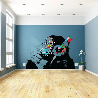 Banksy Thinking Monkey Wall Sticker - Art Vinyl Street Dj Baksy Decal - Headphones Chimp Music Thinker Graffiti Mural