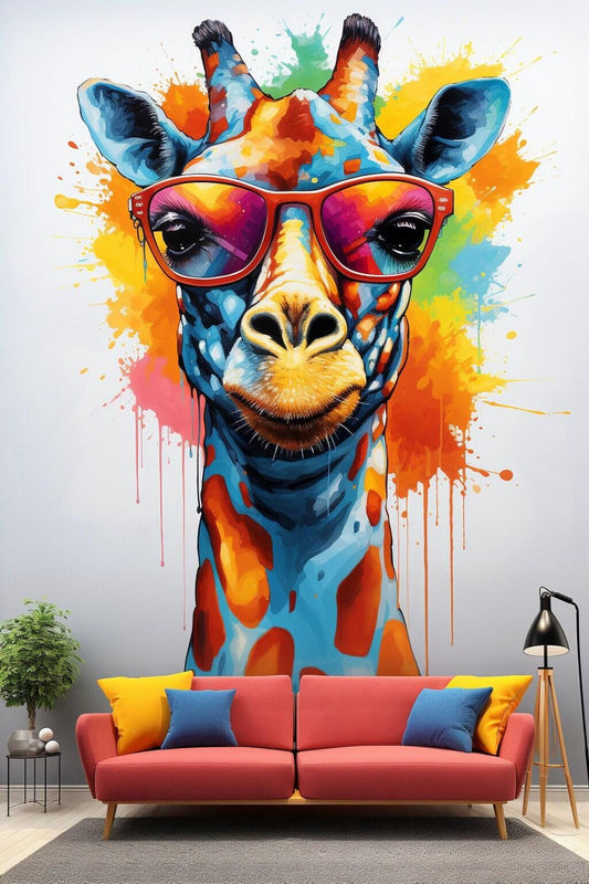 Whimsical Giraffe in Glasses Wall Decal - Colorful Watercolor Toddler Room Sticker Decor