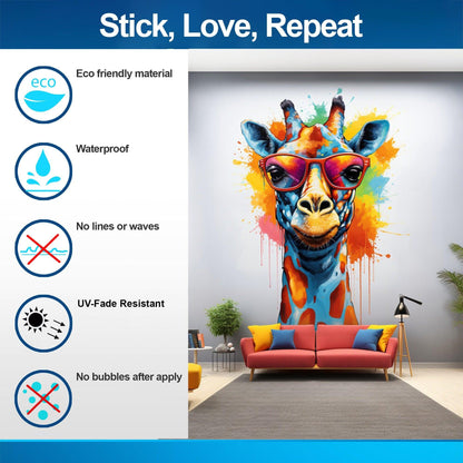 Whimsical Giraffe in Glasses Wall Decal - Colorful Watercolor Toddler Room Sticker Decor